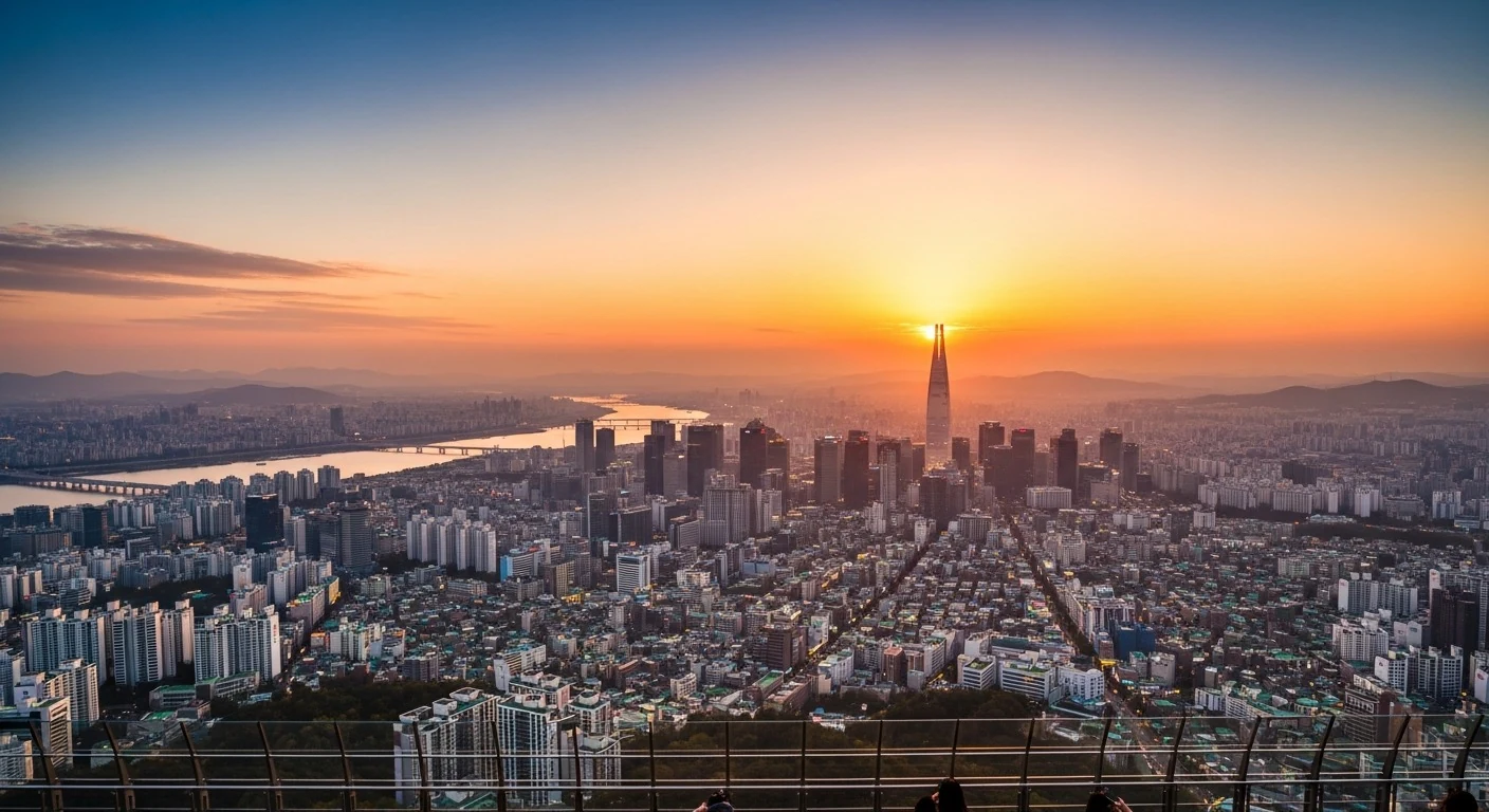 Panoramic vista of the Seoul skyline from Namsan Tower during sunset.