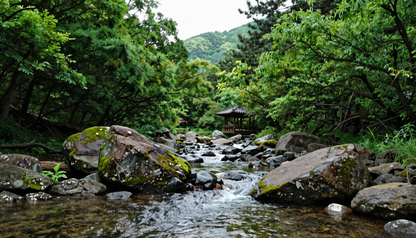 Home 8 전라남도 무더운 여름에 계곡물이 흐르는 울창한 숲 속 피서지 풍경