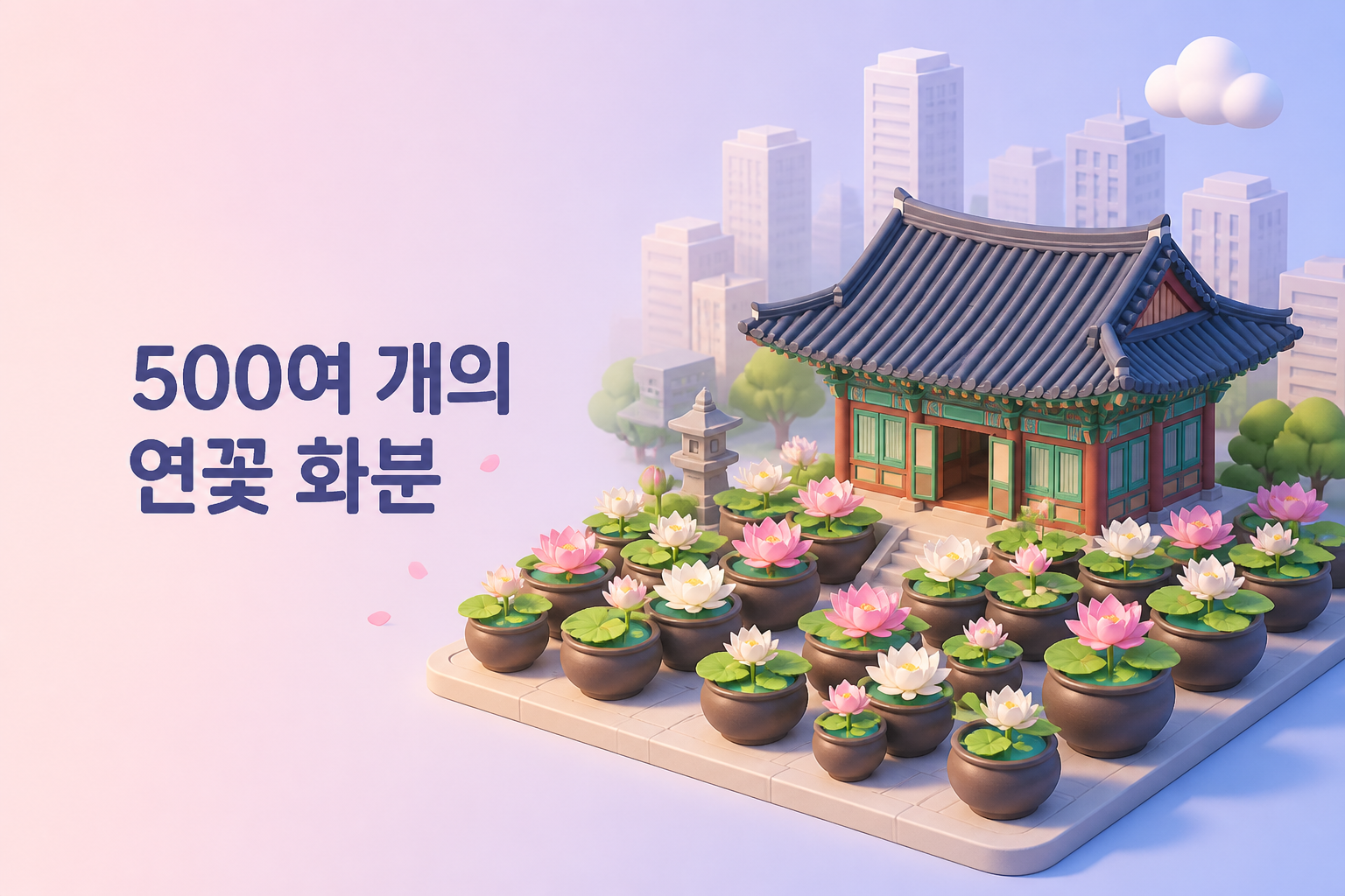 도심 한복판에서 만나는 500여 개의 연꽃 화분